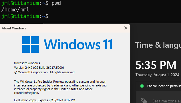 Shows a carefully arranged screenshot where you can see WSL is running in a terminal with the output of a pwd command, and the winver GUI and the time settings app are overlayed on top of it so you can see the winver expiration is 9/15/2024 and the time settings are manually configured to August 1, 2024