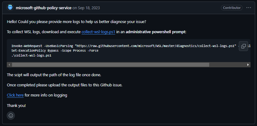 The microsoft-github-policy service bot leaves a comment on a github issue about how to collect WSL logs.