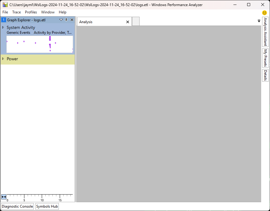 WPA Software showing a mostly blank screen, and that the logs.etl file is loaded