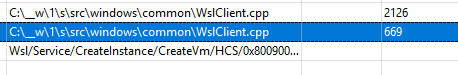 Cropped-in screenshot of the table in WPA showing three rows, the top two contain a path to a source file "C:_w\s\src\windows\common\WslClient.cpp" and line numbers 2126 and 669 respectively and the third row is truncated, but would show the full name of the error msg "Wsl/Service/CreateInstance/CreateVm/HCS/0x800900..."