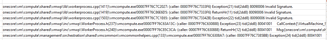 Another screenshot of the table view showing more file names and line numbers with callers and exception Ids, all with the same human readable error message "Invalid Signature."