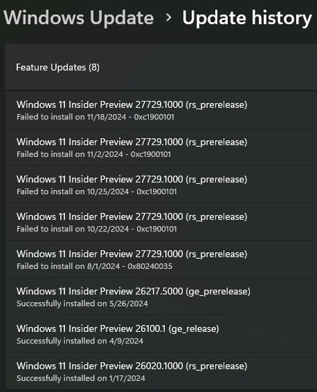 Screenshot of the Windows Update history showing several previous instances of of an error, the earliest being "Failed to install on 8/1/2024 - 0xc1900101"