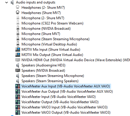 List of Audio inputs and outputs devices as shown by windows devmgmt.msc with a collection of devices near the bottom named with prefixes that start with "VoiceMeeter "