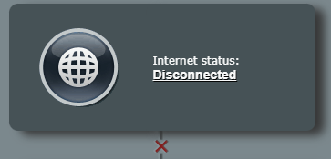 Screenshot showing a small bit of my routers webpage that reads "Internet status: Disconnected", on the left there's a classical "globe icon" representing the internet, and on the bottom there's a red x representing the lack of connectivity.