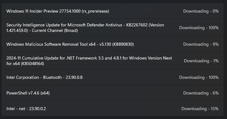 Screenshot of the Windows Update screen that displays a series of updates for Windows itself, PowerShell, etc. In various stages of download progress.