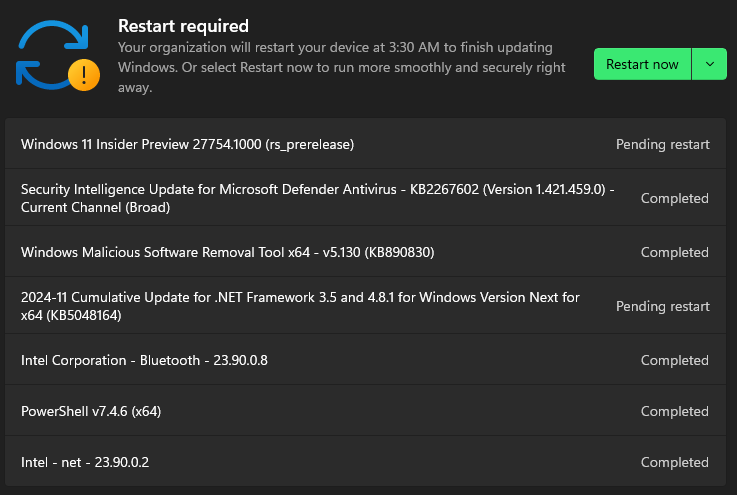 Slightly taller screenshot of the Windows Update screen that includes the "Restart now" button and shows that all the updates are either marked "Completed" or "Pending restart"